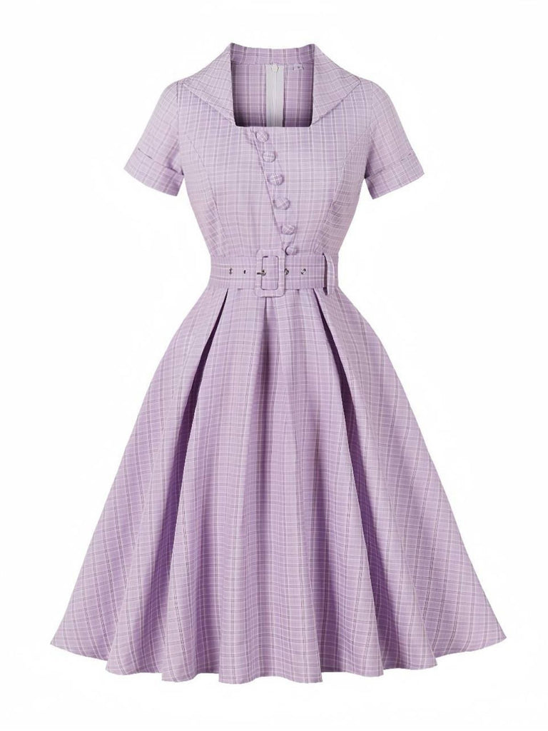 Purple 1950s Plaid Square Neck Button Swing Dress - vintage dress, retro fashion, rockabilly