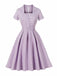 Purple 1950s Plaid Square Neck Button Swing Dress - vintage dress, retro fashion, rockabilly
