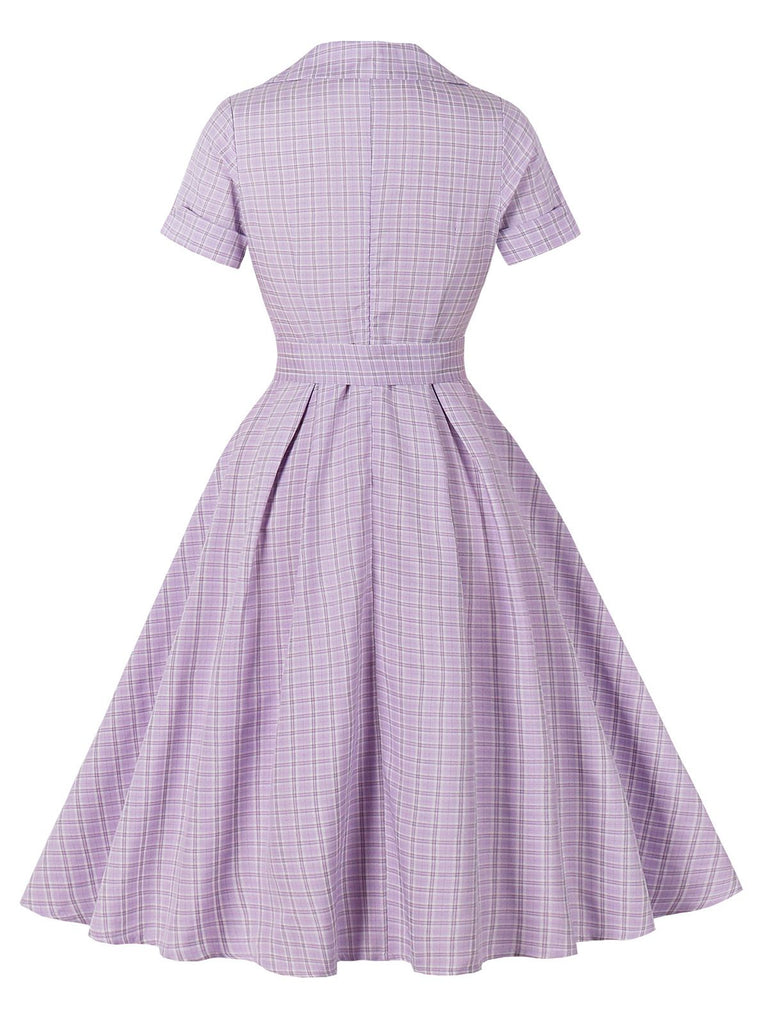 Purple 1950s Plaid Square Neck Button Swing Dress - vintage dress, retro fashion, rockabilly