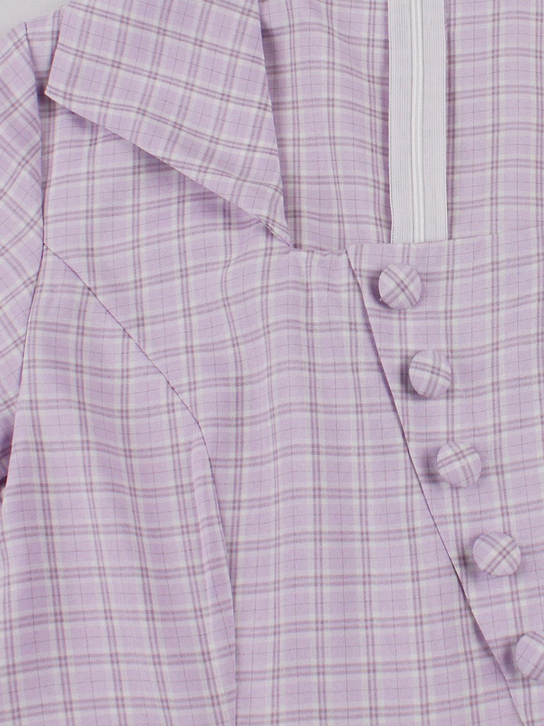 Purple 1950s Plaid Square Neck Button Swing Dress - vintage dress, retro fashion, rockabilly