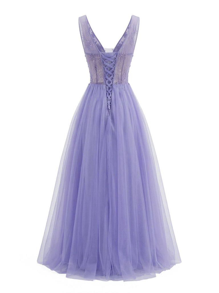 Purple 1950s Tulle V-Neck Embroidered Maxi Dress - vintage dress, retro fashion, rockabilly, pin-up fashion for vintage lovers