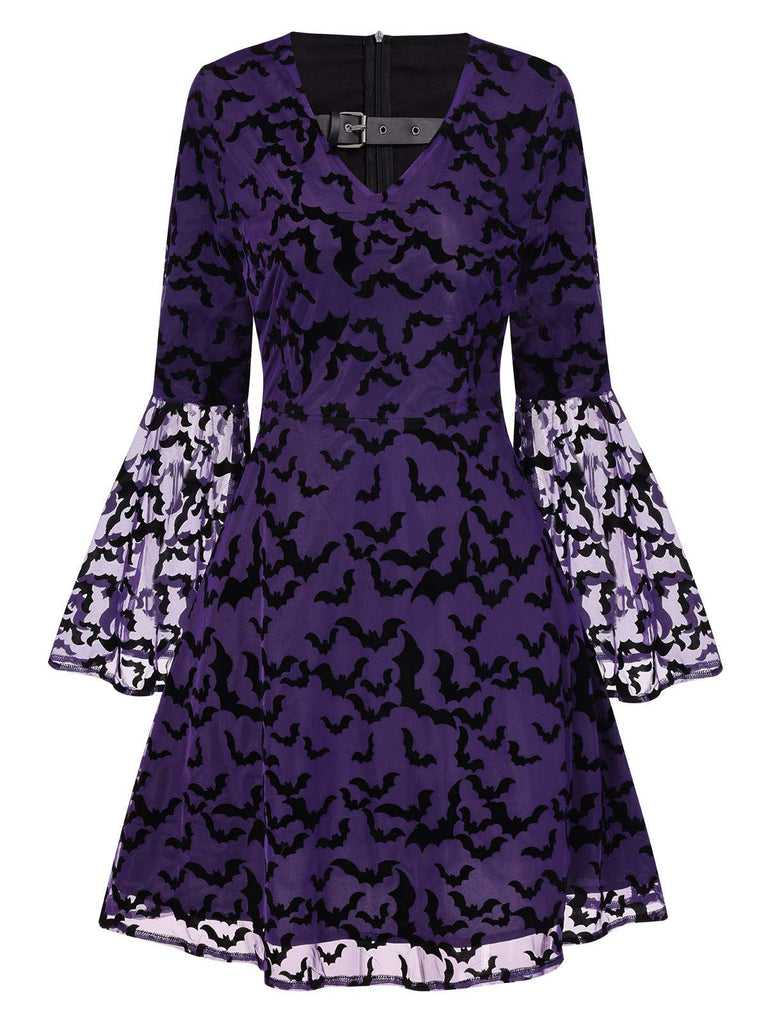 Purple 1960s Bats Mesh Bell Sleeves Dress, vintage dress, retro fashion - perfect for women who love vintage and retro fashion