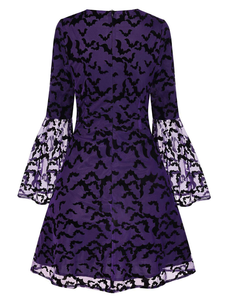 Purple 1960s Bats Mesh Bell Sleeves Dress, vintage dress, retro fashion - perfect for women who love vintage and retro fashion