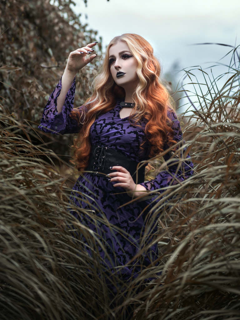 Purple 1960s Bats Mesh Bell Sleeves Dress - vintage dress, retro fashion