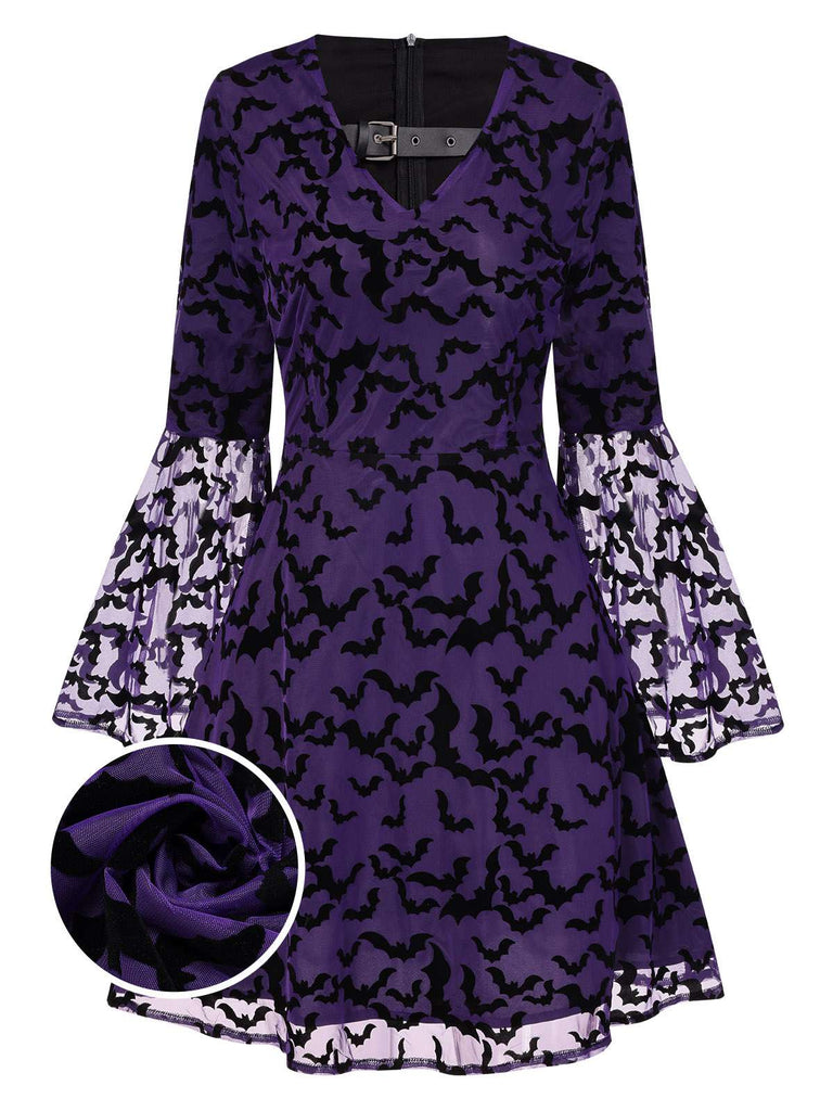 Purple 1960s Bats Mesh Bell Sleeves Dress, vintage dress, retro fashion - perfect for women who love vintage and retro fashion