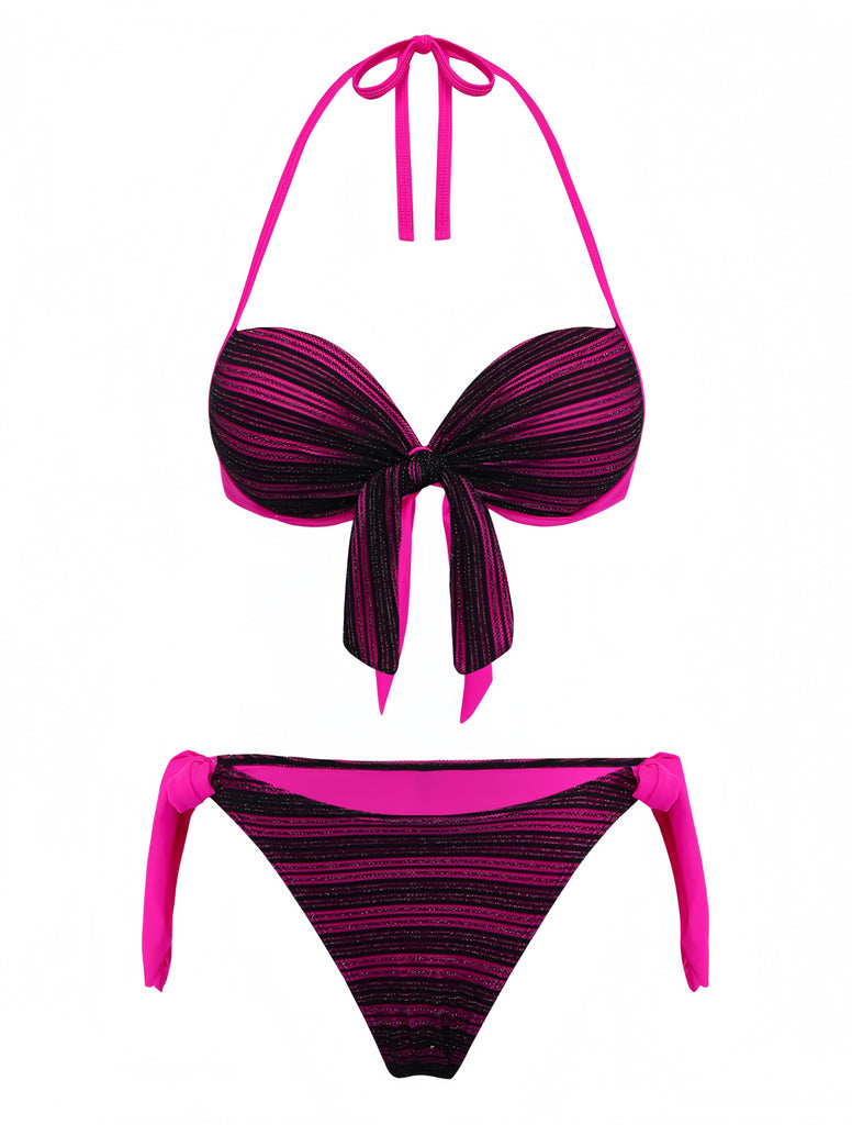 Purple 1960s Halter Striped Bow-Tie Bikini Set: beautiful vintage swimwear, retro swimsuit, pin-up style with timeless appeal