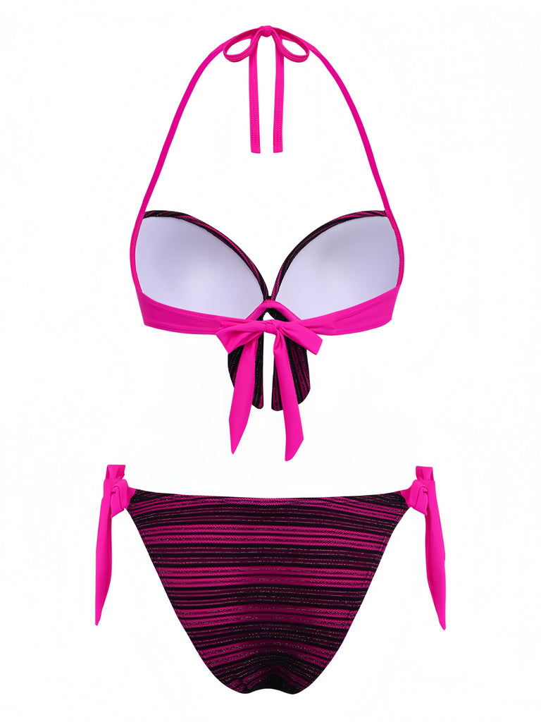 Purple 1960s Halter Striped Bow-Tie Bikini Set | vintage swimwear, retro swimsuit, pin-up style - perfect for retro fashion enthusiasts