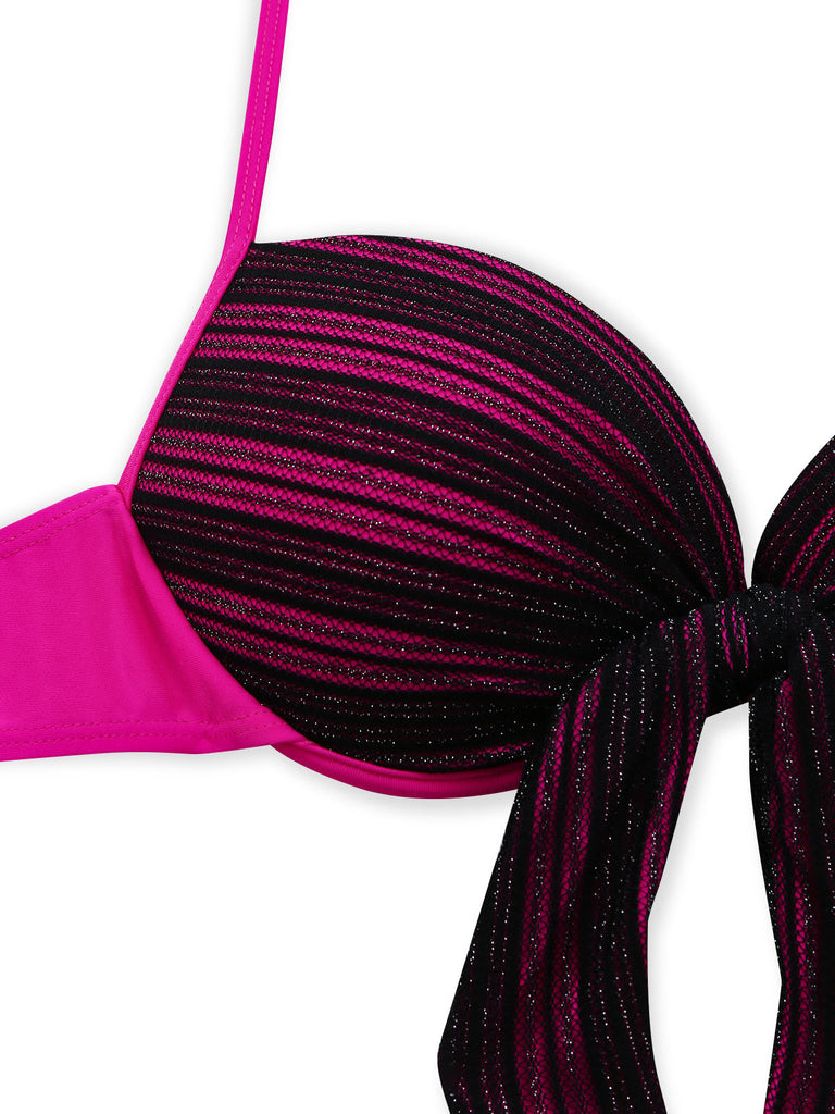 Purple 1960s Halter Striped Bow-Tie Bikini Set: beautiful vintage swimwear, retro swimsuit, pin-up style with timeless appeal