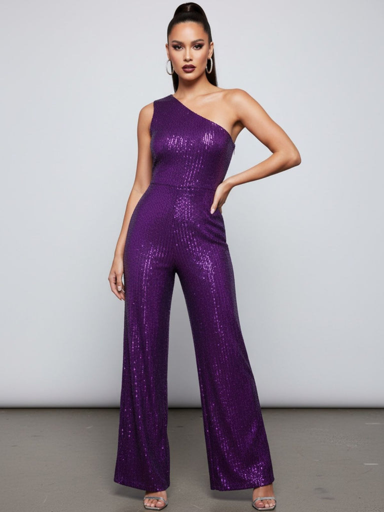 Purple 1970s Sequin One-Shoulder Jumpsuit, vintage romper, retro jumpsuit - perfect for women who love vintage and retro fashion