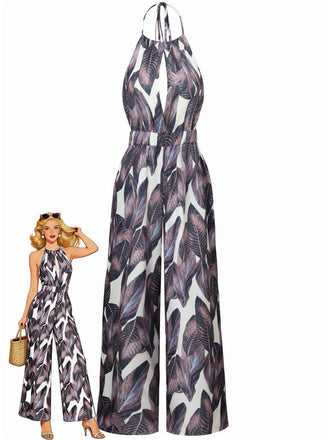 Purple 1970s Tropical Print V-Neck Wide Leg Jumpsuit - vintage romper, retro jumpsuit for vintage lovers