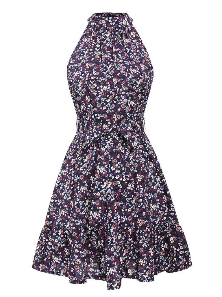 She slips into this Purple 1980s Ditsy Floral Sleeveless Dress and suddenly it's a 1980s daydream