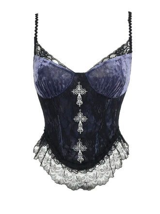Purple 1980s Gothic Cross Velvet Lace Camisole - vintage fashion, retro style