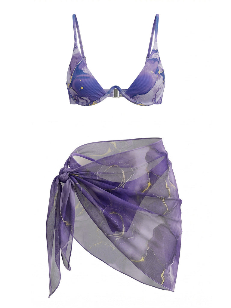 Purple 1980s Marble Triangle Bikini Set & Cover-Up - vintage swimsuit, pin-up swimwear for vintage lovers