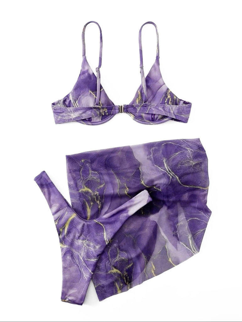 Purple 1980s Marble Triangle Bikini Set & Cover-Up - vintage swimsuit, pin-up swimwear for vintage lovers