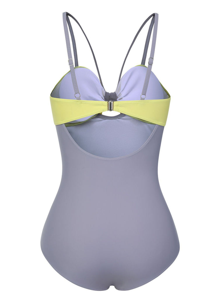 Purple & Yellow 1950s Cut Out Contrast Bow Swimsuit, vintage swimsuit, pin-up swimwear - perfect for women who love vintage and retro fashion