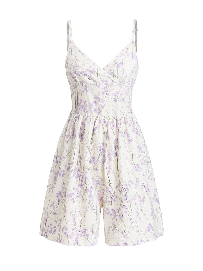 White dress with purple floral pattern on a white background