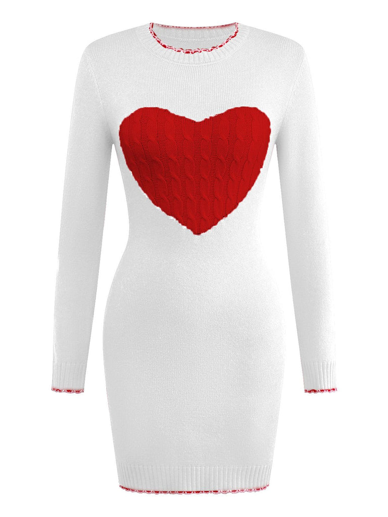 1960s Knit Heart Pattern Long Sleeve Dress