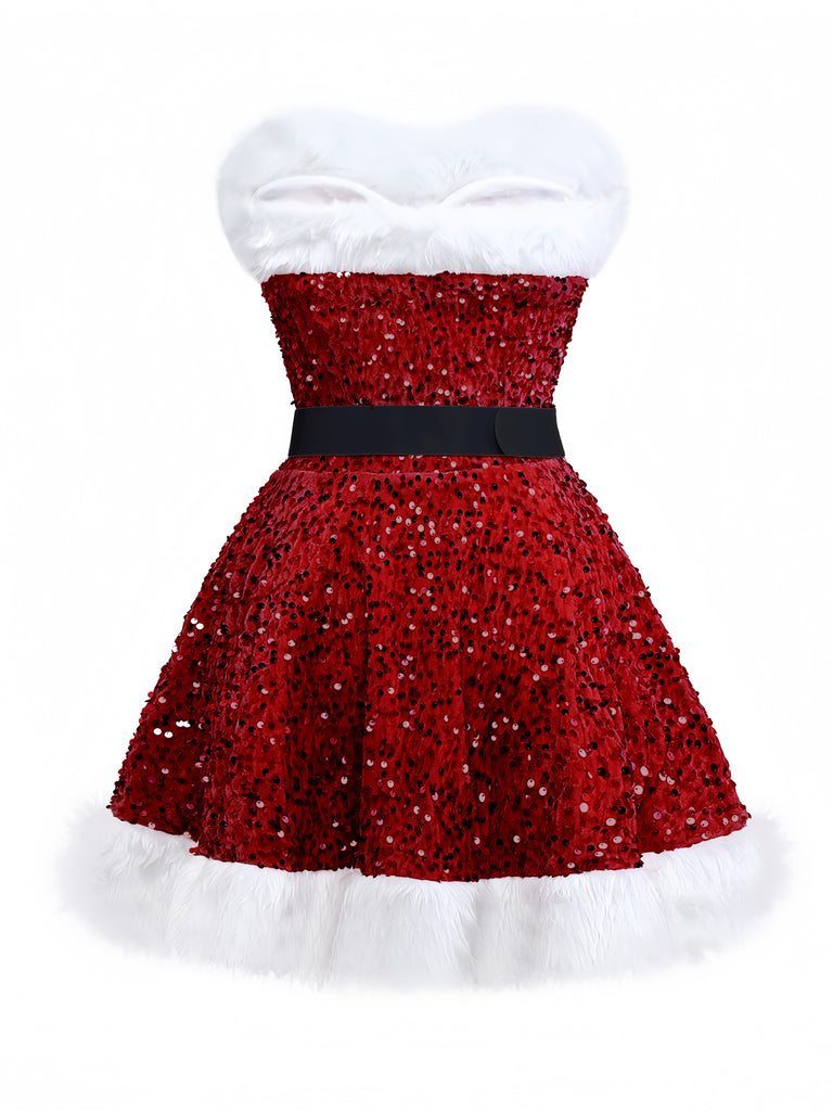 Red 1960s Christmas Fur Sequin Strapless Dress