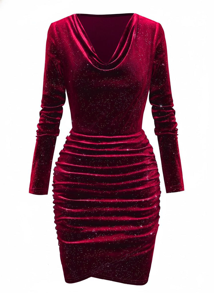 1960s Solid Velvet Long Sleeve Cowl Neck Dress