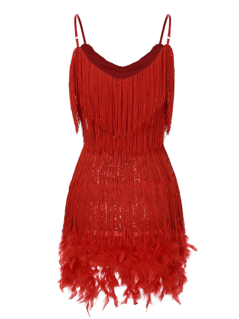 Red 1920s Spaghetti Strap Feather Fringe Dress, vintage dress, retro fashion, Gatsby party, flapper style - perfect for women who love vintage and retro fashion