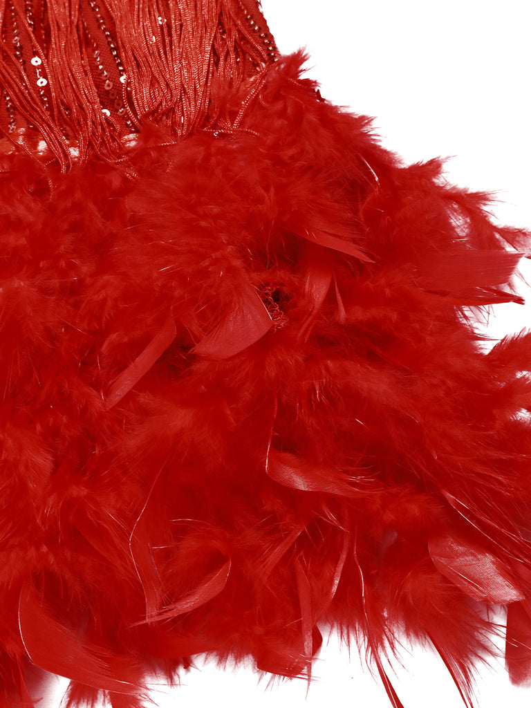 Red 1920s Spaghetti Strap Feather Fringe Dress, vintage dress, retro fashion, Gatsby party, flapper style - perfect for women who love vintage and retro fashion