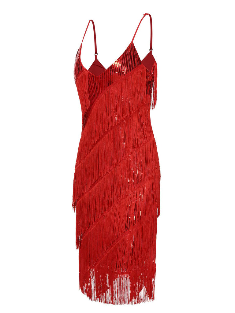 Red 1920s Spaghetti Strap Sequin Fringe Dress: where 1920s romance meets her modern spirit
