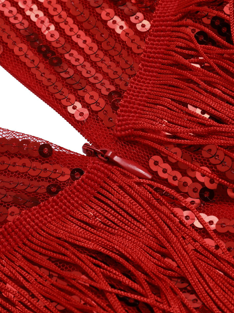 Red 1920s Spaghetti Strap Sequin Fringe Dress — the kind of 1920s dress that makes strangers smile