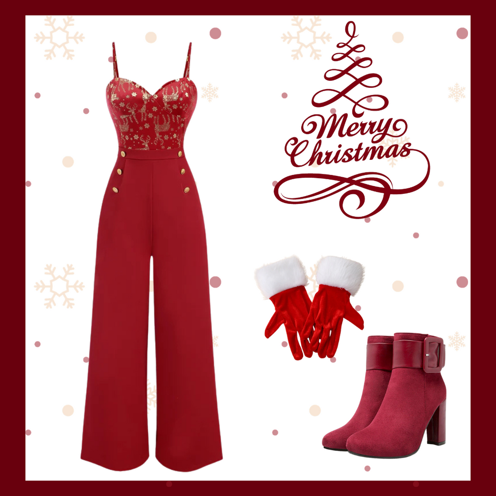 She finds her 1930s story in this Red 1930s Christmas Elk Gilded Velvet Jumpsuit