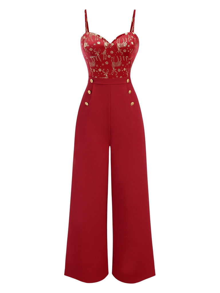 Red 1930s Christmas Elk Gilded Velvet Jumpsuit, vintage romper, retro jumpsuit - perfect for women who love vintage and retro fashion