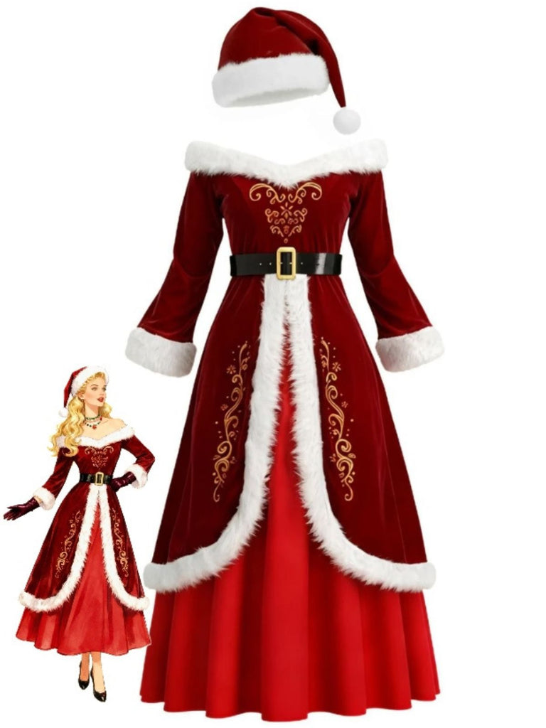 Red 1930s Christmas Velvet Faux Fur Trim Dress - vintage dress, retro fashion, elegant red