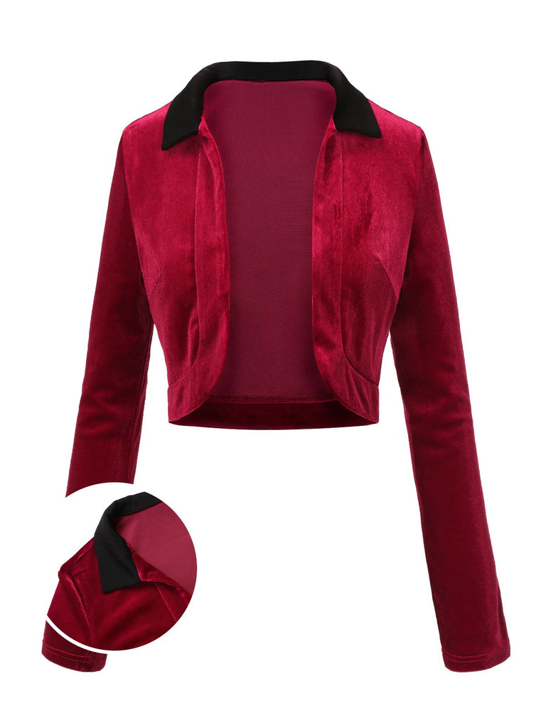 Red 1930s Contrast Lapel Velvet Bolero Jacket, vintage coat, retro outerwear - perfect for women who love vintage and retro fashion