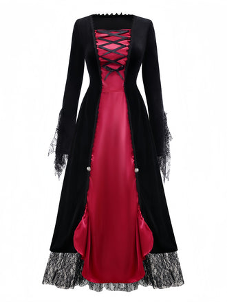 Red 1930s Halloween Vampire Queen Lace-Up Dress - vintage dress, retro fashion, elegant red