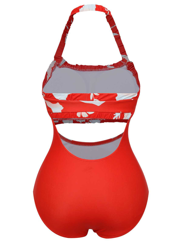 This Red 1930s Halter Floral One-Piece Swimsuit carries 1930s vacation dreams in every stitch