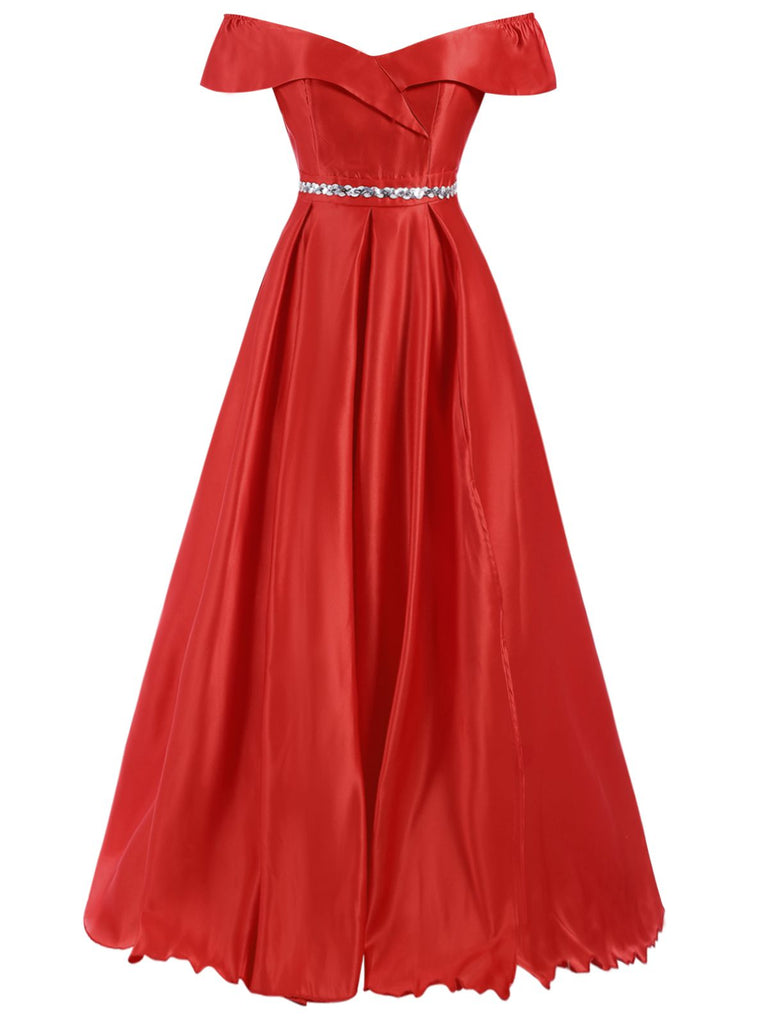 Red 1930s Off-Shoulder Maxi Evening Dress: where 1930s romance meets her modern spirit