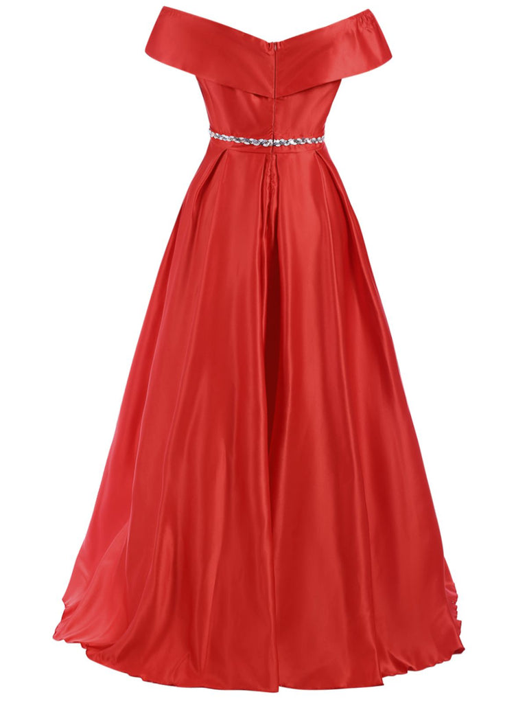 This Red 1930s Off-Shoulder Maxi Evening Dress wraps her in 1930s elegance, one twirl at a time
