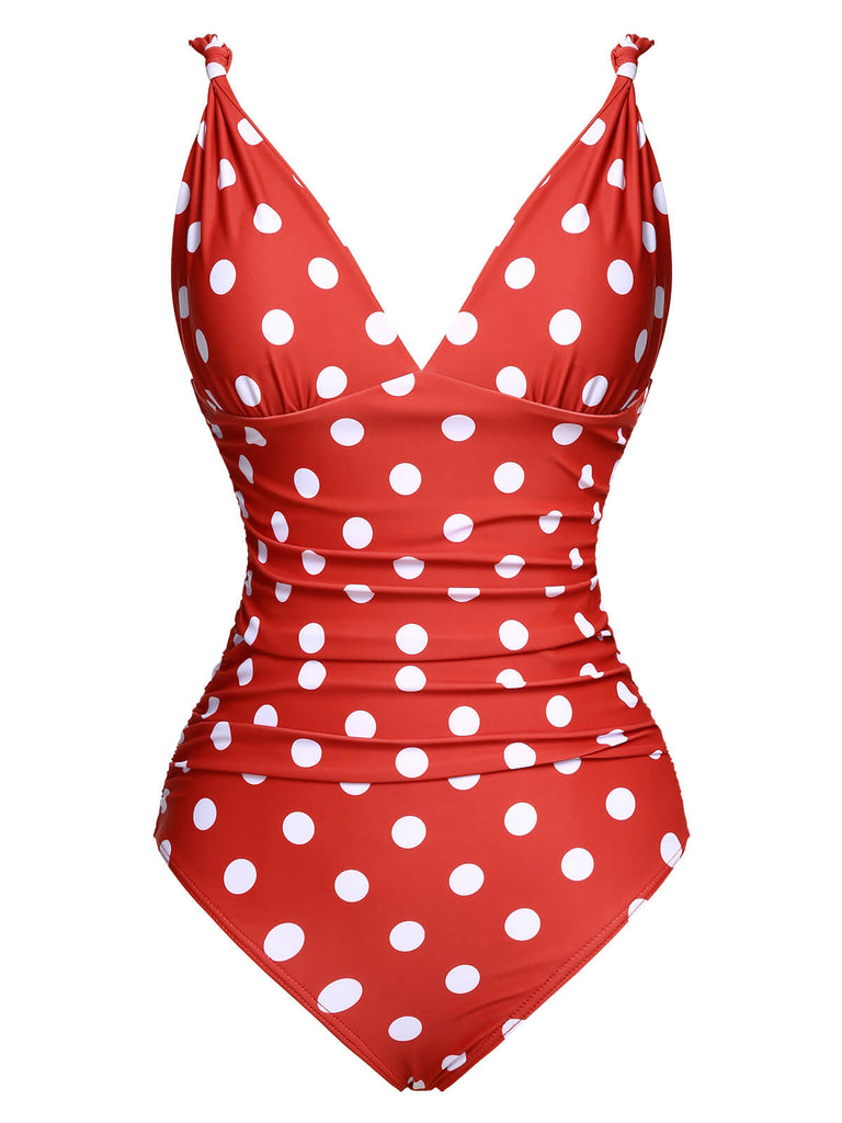 Red 1930s Polka Dot V-Neck Swimsuit, vintage swimsuit, pin-up swimwear - perfect for women who love vintage and retro fashion