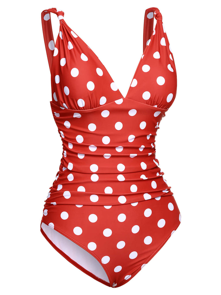 Red 1930s Polka Dot V-Neck Swimsuit, vintage swimsuit, pin-up swimwear - perfect for women who love vintage and retro fashion