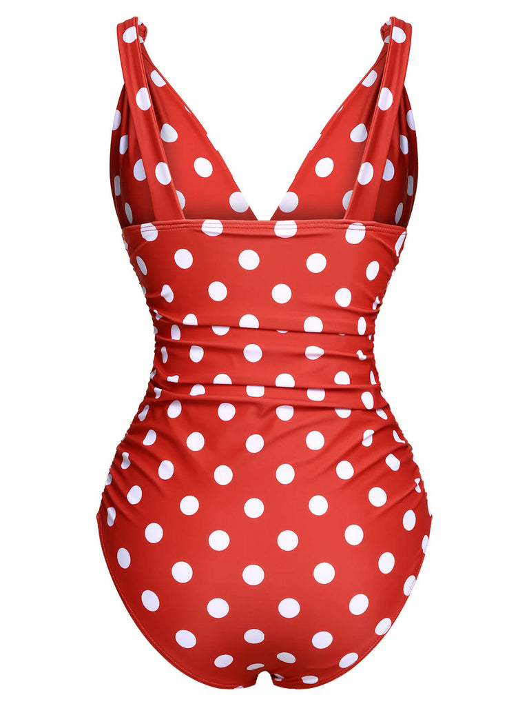 Red 1930s Polka Dot V-Neck Swimsuit, vintage swimsuit, pin-up swimwear - perfect for women who love vintage and retro fashion