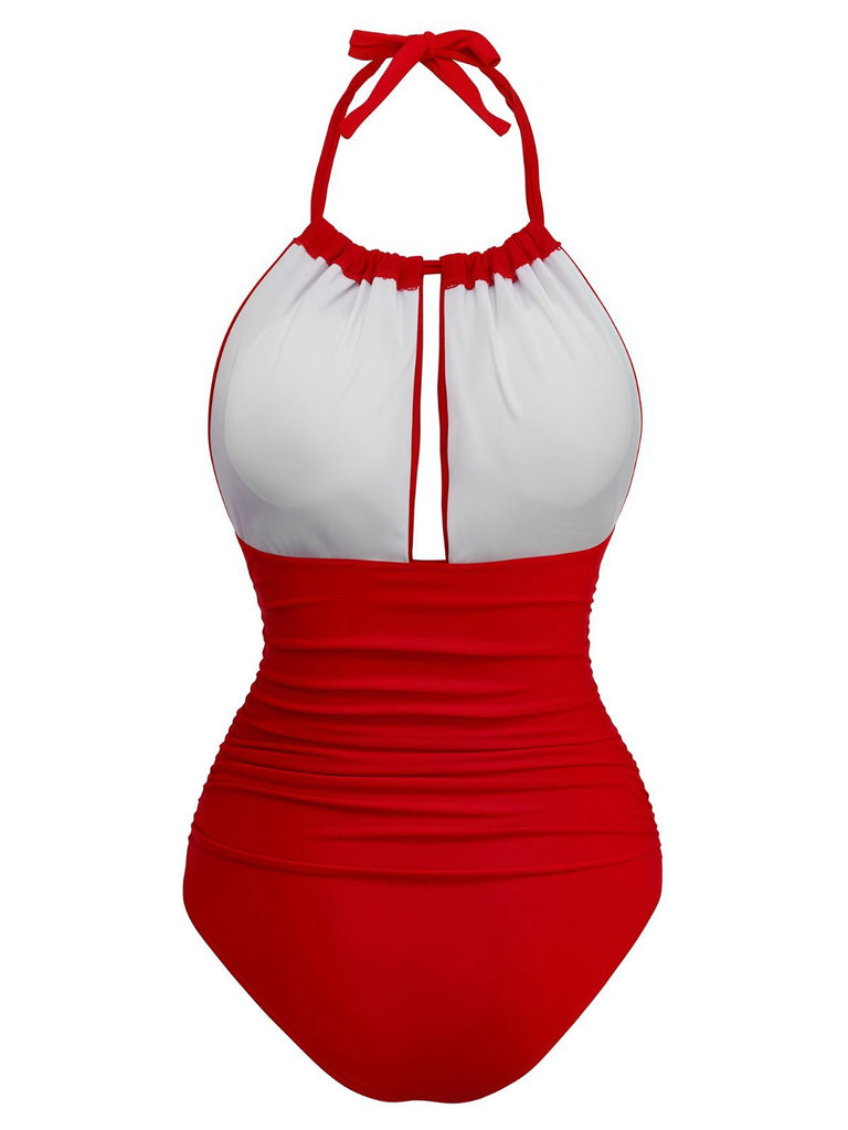 Red 1930s Ruched Halter Hollow One-Piece Swimsuit: 1930s Riviera elegance, reimagined for her