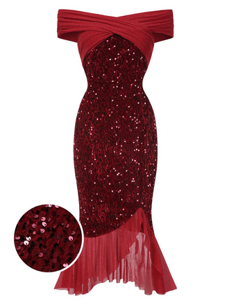 Red 1930s Sequined Off-Shoulder Dress, vintage dress, retro fashion - perfect for women who love vintage and retro fashion