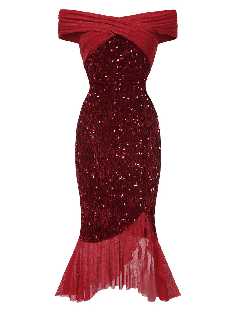 Red 1930s Sequined Off-Shoulder Dress, vintage dress, retro fashion - perfect for women who love vintage and retro fashion