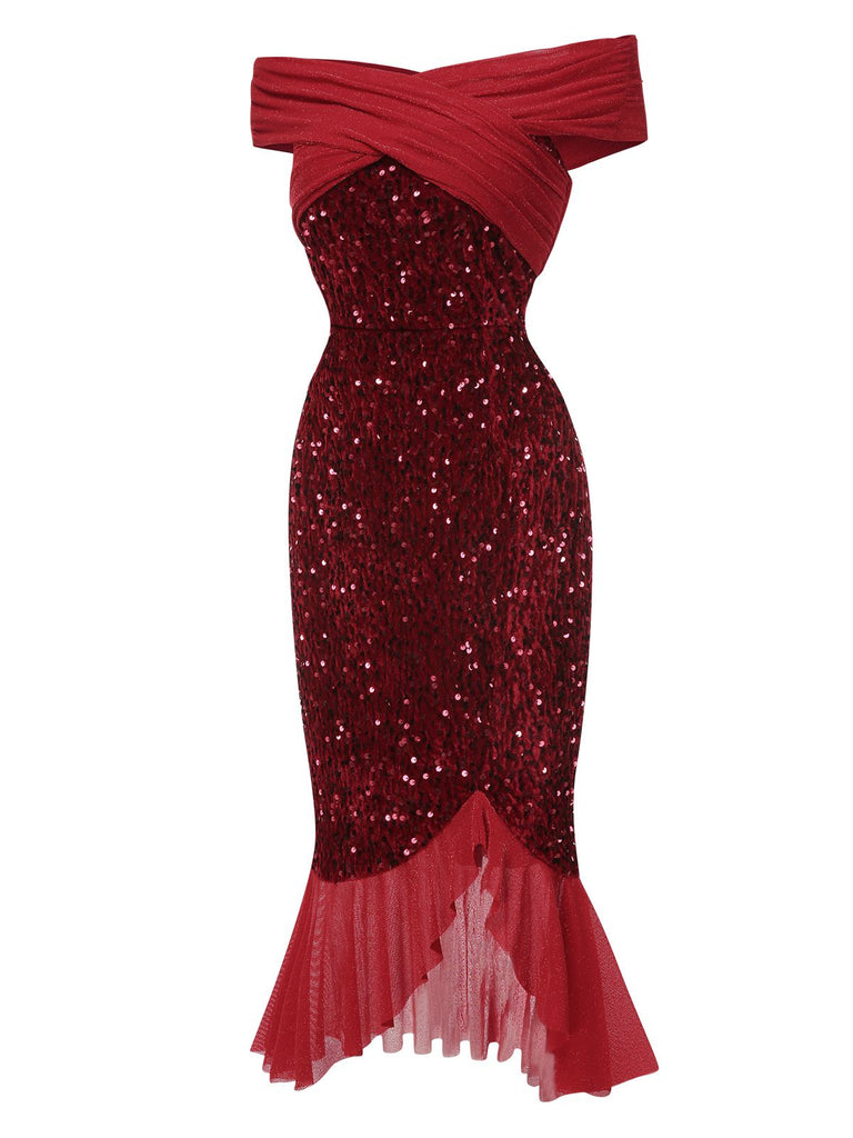 Red 1930s Sequined Off-Shoulder Dress, vintage dress, retro fashion - perfect for women who love vintage and retro fashion