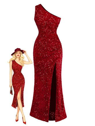 Red 1930s Sequined One-Shoulder Slit Bodycon Dress - vintage dress, retro fashion, elegant red