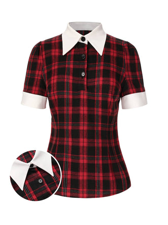 Red 1930s Shirt Collar Gingham Plaid Top - vintage fashion, retro style, elegant red
