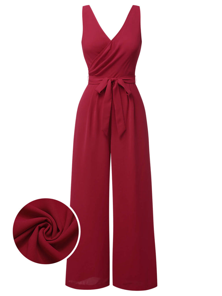 Red 1930s Solid Wasit Tie V-Neck Jumpsuit, vintage romper, retro jumpsuit - perfect for women who love vintage and retro fashion