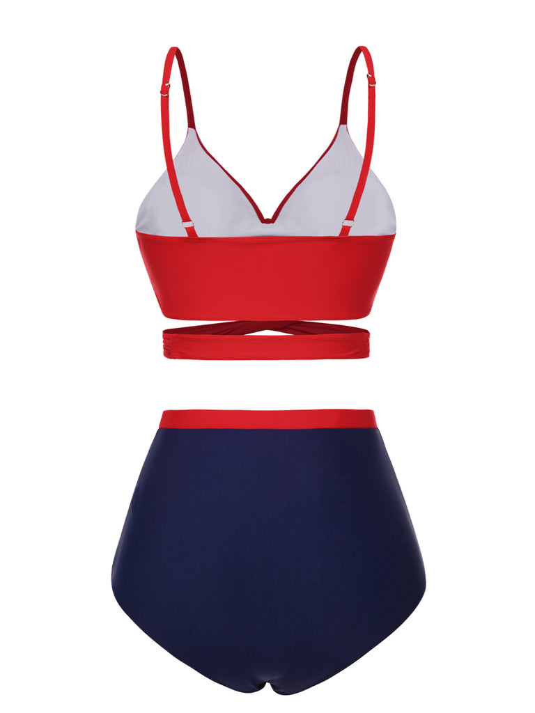Red 1930s Spaghetti Strap Color Block Swimsuit — 1930s poolside glamour meets sun-drenched confidence