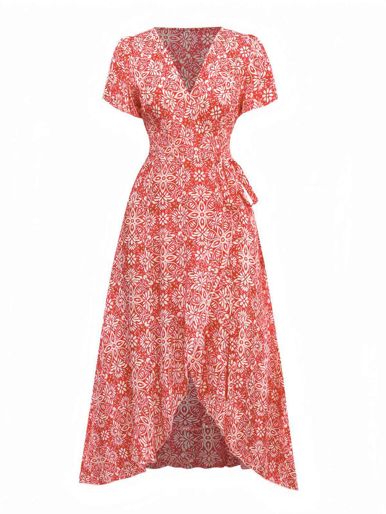 Red 1940s Boho Floral Wrap Dress - vintage dress, retro fashion, elegant red