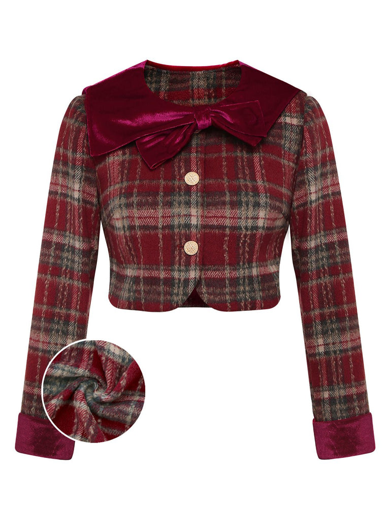 Red 1940s Brushed Plaid Velvet Patchwork Jacket - vintage fashion, retro style, elegant red