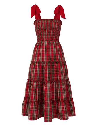 Red 1940s Christmas Plaid Lace-Up Dress - vintage dress, retro fashion, elegant red