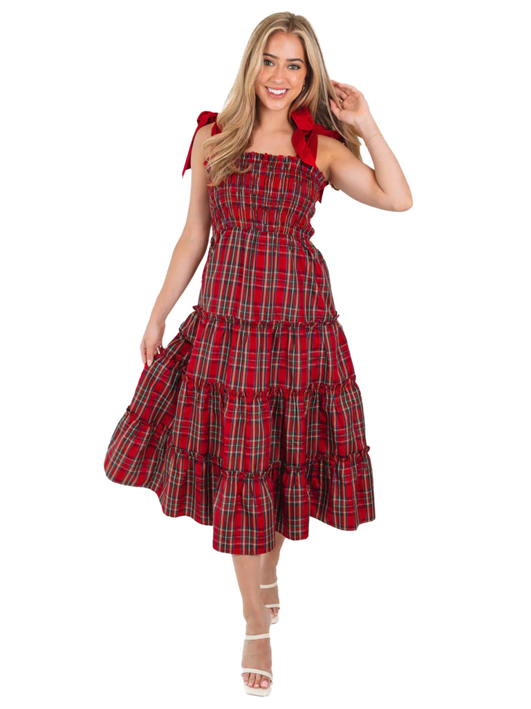 Red 1940s Christmas Plaid Lace-Up Dress - vintage dress, retro fashion, elegant red